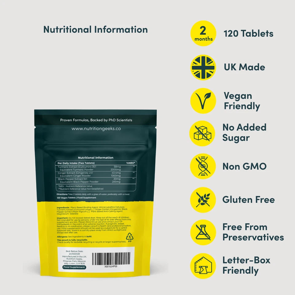 Turmeric Tablets 2000mg + Ginger + Black Pepper – 120 Vegan Tablets